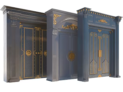 Ornate Blue And Gold Entrance Doors With Three Different Designs And Intricate Carvings 3d model