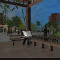 Relaxing Garden Landscape With Wooden Pergola Hanging Vines Bench Pedestrians And Green Trees In Plaza