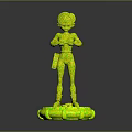 Green Skinned White Haired Character in Purple Outfit with Hands Clasped on Striped Platform Base