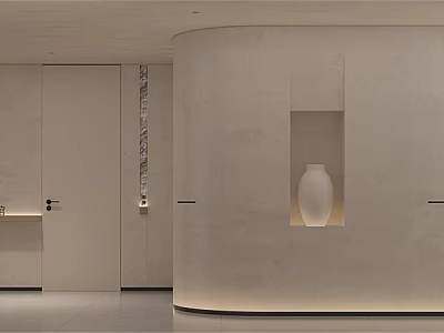 Minimalist Modern Elevator Hallway with Concrete Walls Recessed Niche White Vase and Soft Lighting 3d model