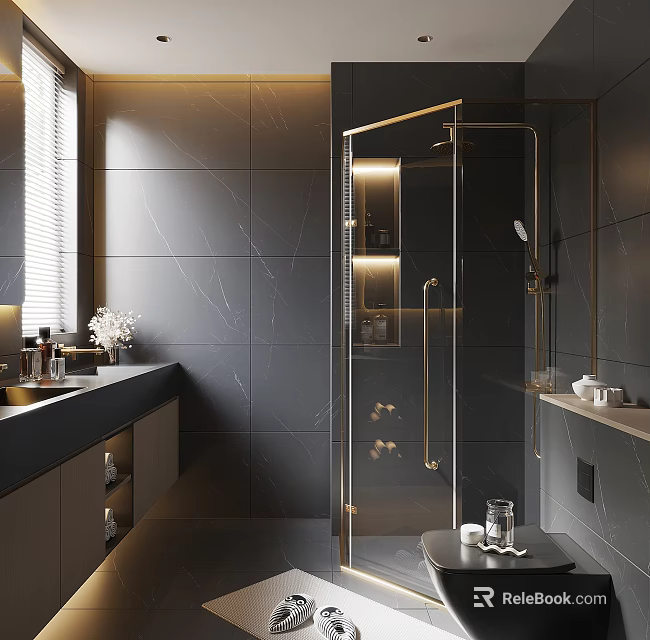 Modern Bathroom Interior Design With Gray Marble Tiles Gold Frame Glass Shower And Vanity 3d model 