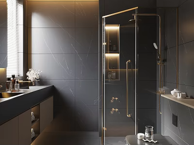 Modern Bathroom Interior Design With Gray Marble Tiles Gold Frame Glass Shower And Vanity 3d model