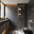 Modern Bathroom Interior Design With Gray Marble Tiles Gold Frame Glass Shower And Vanity