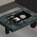 Green Marble Coffee Table with Black Legs Tray Glasses and Books on Rug