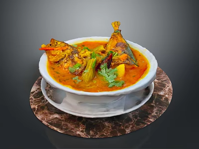 Delicious Curry Fish In White Bowl With Spicy Sauce And Fresh Cilantro On Marble Tray 3d model