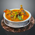 Delicious Curry Fish In White Bowl With Spicy Sauce And Fresh Cilantro On Marble Tray