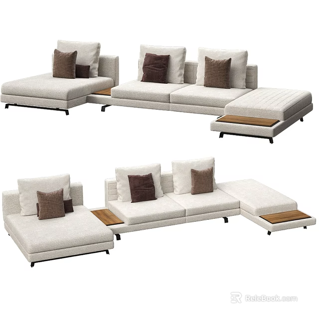 Light Colored Modular Sectional Sofa With Dark Brown Throw Pillows And Wooden Accents 3d model