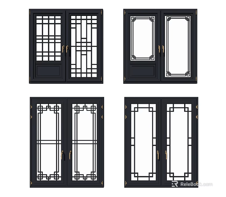 Traditional Black Lattice Doors Featuring Various Patterns And Wooden Frames 3d model