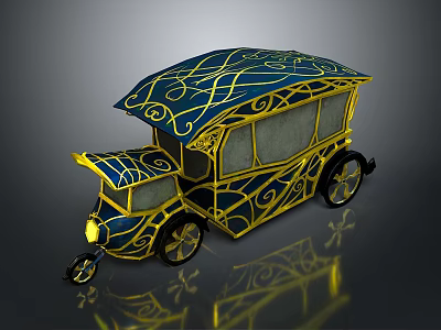 Vintage Ornate Carriage With Blue And Gold Patterns And Decorative Wheels 3d model