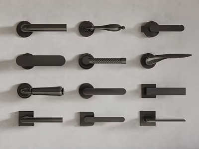 Black Door Handles With Various Designs Neatly Arranged On Gray Background 3d model