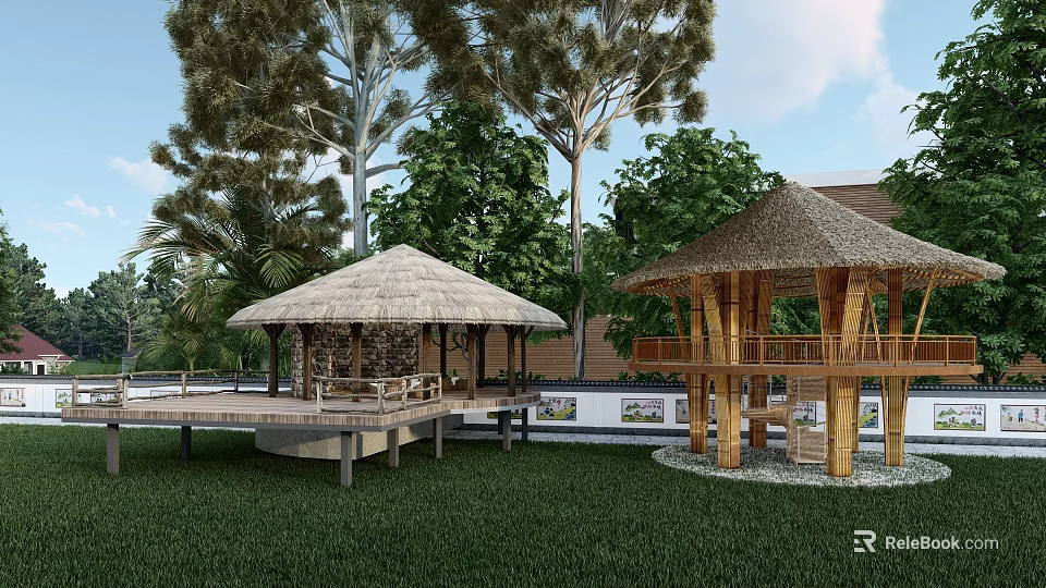 Garden Ornaments With Thatched Pavilions Wooden Platforms And Lush Green Trees 3d model 