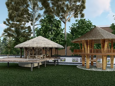 Garden Ornaments With Thatched Pavilions Wooden Platforms And Lush Green Trees 3d model
