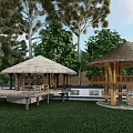 Garden Ornaments With Thatched Pavilions Wooden Platforms And Lush Green Trees
