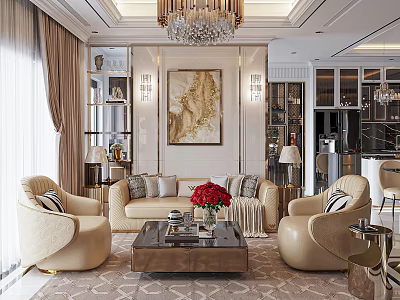 Elegant Modern Living Room With Chandelier Sofa Armchairs Coffee Table Red Roses And Golden Painting 3d model