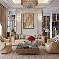 Elegant Modern Living Room With Chandelier Sofa Armchairs Coffee Table Red Roses And Golden Painting