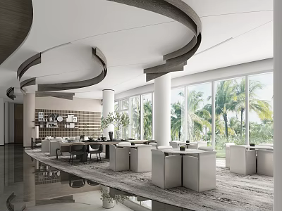 Modern Lounge Area Interior With Comfortable Sofa Coffee Table Green Plants And Floor-to-Ceiling Windows 3d model