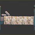 Blue Wooden Bed Frame With Floral Bedspread And Light Pink Pillows