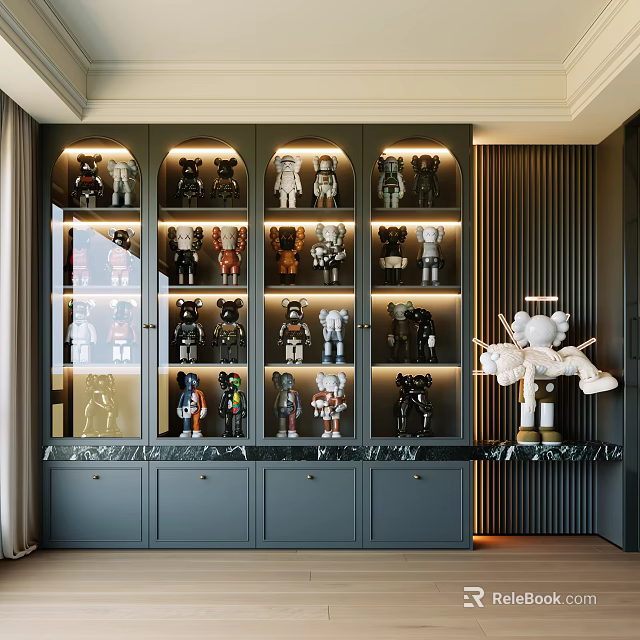 Luxury Dark Gray Display Cabinet With Illuminated Shelves And Bearbrick Figures On Marble Top 3d model 