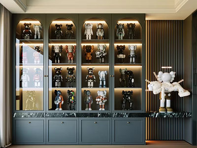 Luxury Dark Gray Display Cabinet With Illuminated Shelves And Bearbrick Figures On Marble Top 3d model