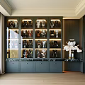 Luxury Dark Gray Display Cabinet With Illuminated Shelves And Bearbrick Figures On Marble Top