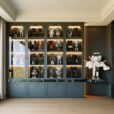 Luxury Dark Gray Display Cabinet With Illuminated Shelves And Bearbrick Figures On Marble Top 3d model