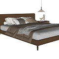 Modern Double Bed With Wooden Headboard Pillows Blanket Bedside Table Lamp And Pendant Light