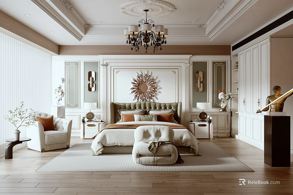 Elegant Bedroom Interior With Tufted Headboard Sunburst Wall Decor Chandelier Nightstands And Wooden Flooring 3d model 