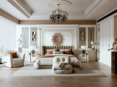 Elegant Bedroom Interior With Tufted Headboard Sunburst Wall Decor Chandelier Nightstands And Wooden Flooring 3d model
