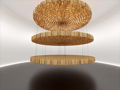 Wooden Circular Layered Art Installation Suspended In White Gallery Space With Floating Reflections 3d model