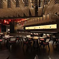 Modern Restaurant Interior Design With Unique Pendant Lights Wooden Tables Red Chairs And Decorative Walls