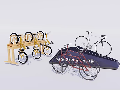 Various Assorted Bicycles Including Racing Model On Wooden Racks With Colors 3d model