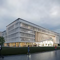 Modern Architectural Building With Glass Curtain Wall And Water Pool Reflection In Evening Sky