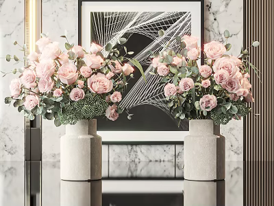 Pink Roses In Light Ceramic Vases With Greenery On Marble Surface And Modern Artwork 3d model