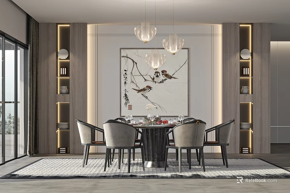 Elegant Modern Restaurant Interior With Round Dining Table Chairs Pendant Lights And Decorative Painting 3d model 