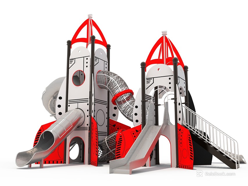 Rocket Shaped Playground Structure With Red And White Design Multiple Slides And Metal Stairs 3d model 