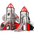 Rocket Shaped Playground Structure With Red And White Design Multiple Slides And Metal Stairs