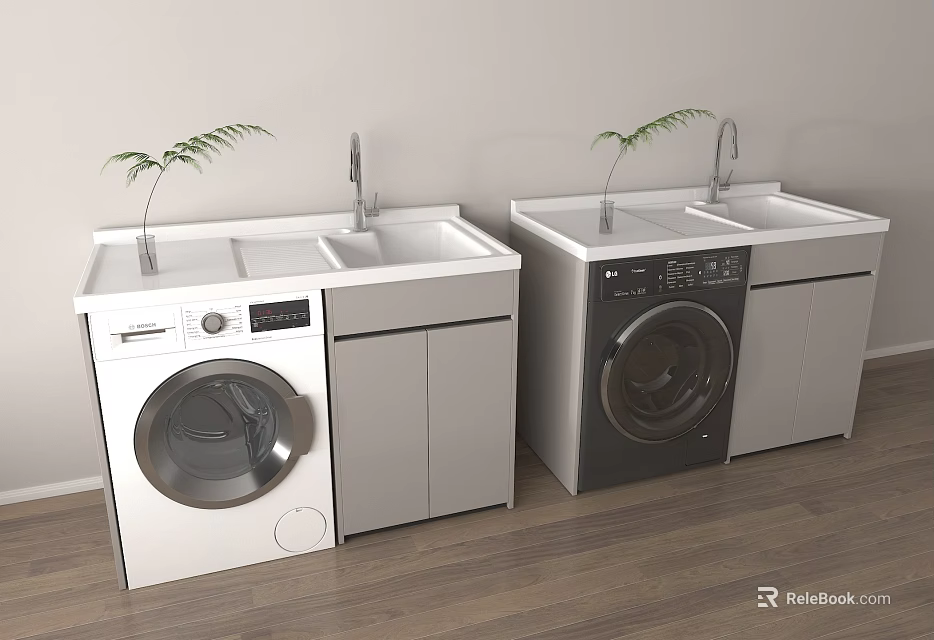 Modern Laundry Units With Washing Machines Sink Faucet And Green Plants 3d model 