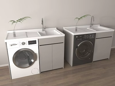 Modern Laundry Units With Washing Machines Sink Faucet And Green Plants 3d model
