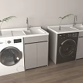 Modern Laundry Units With Washing Machines Sink Faucet And Green Plants