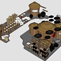 Garden Decor With Thatched Roof Circular Structures Tables Chairs And Clay Pots