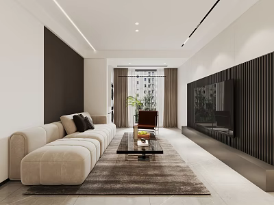 Modern Minimalist Living Room With Cream Sofa Glass Coffee Table And Sleek TV Wall Decor 3d model
