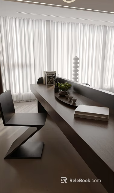 Wooden Desk Setup With Black Chair Green Fruits White Vase And Curtains By Window 3d model 