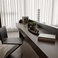 Wooden Desk Setup With Black Chair Green Fruits White Vase And Curtains By Window
