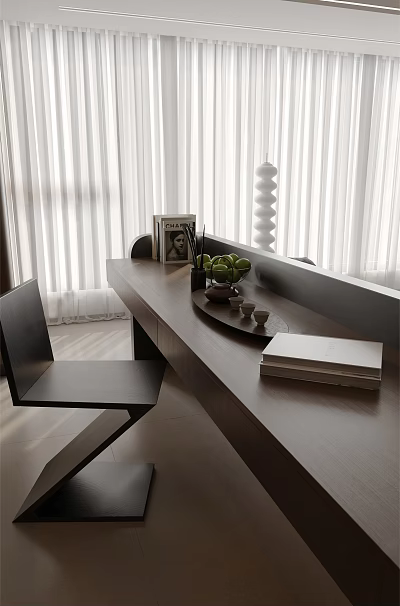 Wooden Desk Setup With Black Chair Green Fruits White Vase And Curtains By Window 3d model