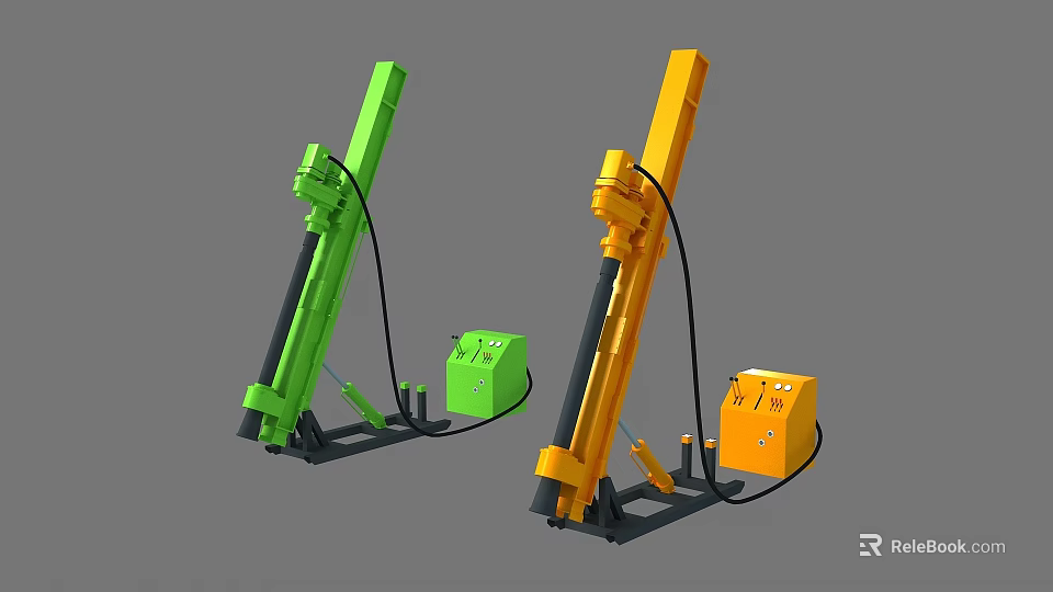 Green And Yellow Utility Vehicles With Drilling Equipment Control Boxes And Cables 3d model 