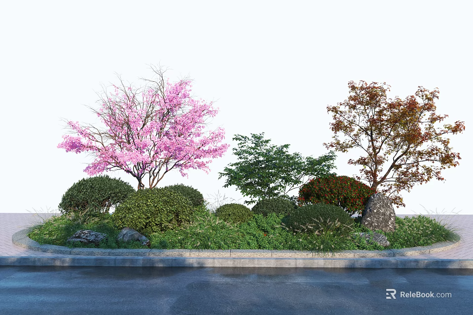 Roadside Landscaping Facilities With Flowering Trees Shrubs And Curb Stones 3d model 