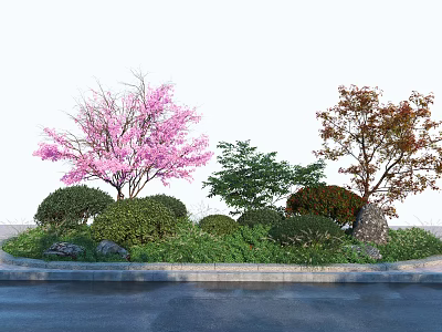 Roadside Landscaping Facilities With Flowering Trees Shrubs And Curb Stones 3d model