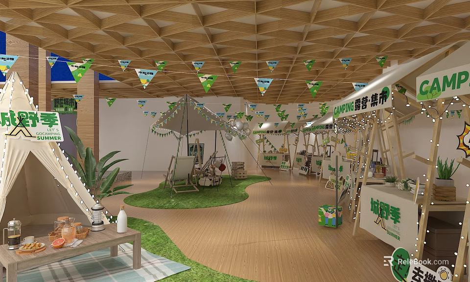 Playful Kids Leisure Area With Swing Tent Green Plants And Decorative Flags 3d model 