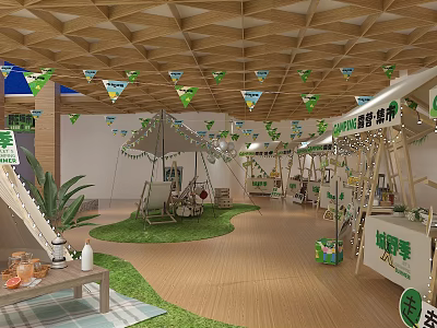 Playful Kids Leisure Area With Swing Tent Green Plants And Decorative Flags 3d model