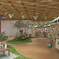 Playful Kids Leisure Area With Swing Tent Green Plants And Decorative Flags